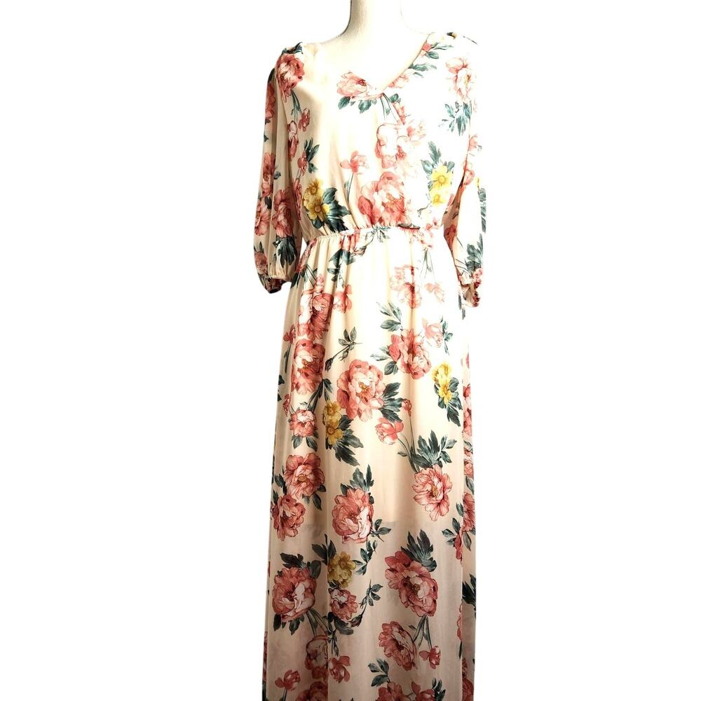 Kori America Maxi Dress Lined Size S Floral Cottage Prairie Sheer Chiffon Chic